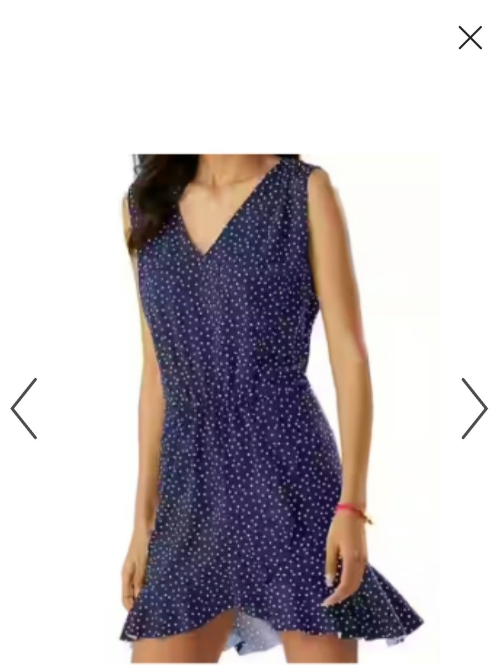 Tommy Bahama Navy and White Polka Dot Sleeveless Faux Wrap Ruffle Hem Dress